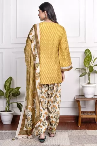 Yellow art silk printed salwar-kameez
