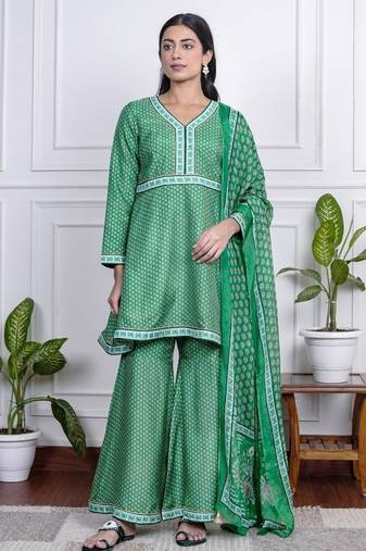 Green art silk printed salwar-kameez