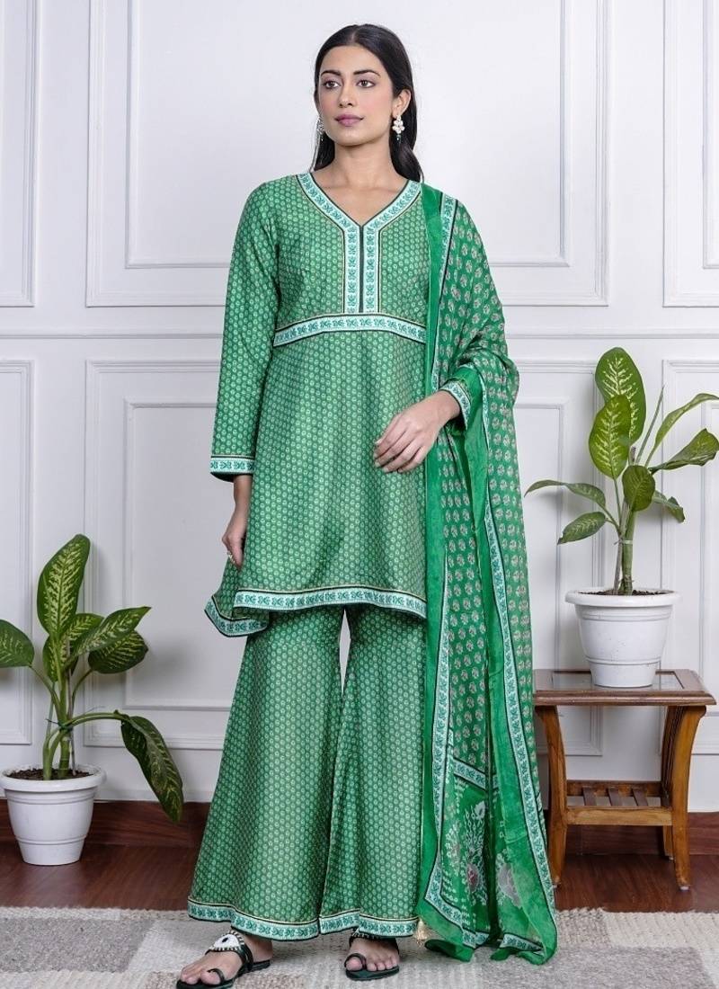 Green art silk printed salwar-kameez