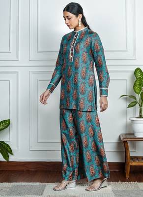 Blue art silk printed salwar-kameez 2