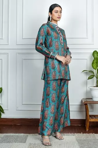 Blue art silk printed salwar-kameez