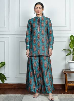 Blue art silk printed salwar-kameez 1