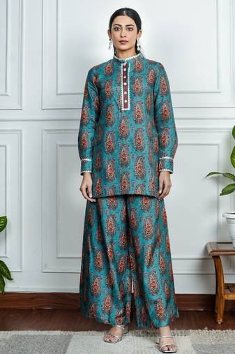 Blue art silk printed salwar-kameez