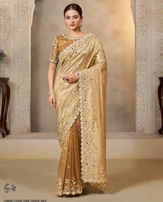 elegant cora zari tissue silk blend saree with zardoshi embroidery blouse 1