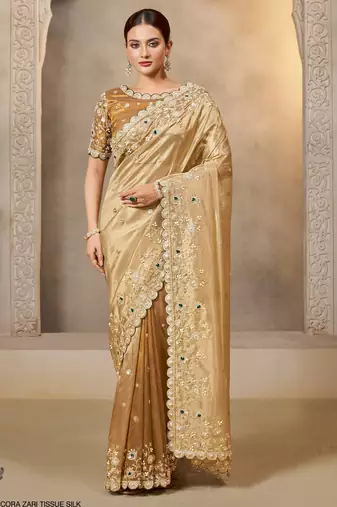 elegant cora zari tissue silk blend saree with zardoshi embroidery + blouse