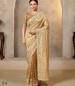 elegant cora zari tissue silk blend saree with zardoshi embroidery + blouse