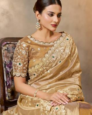 elegant cora zari tissue silk blend saree with zardoshi embroidery blouse 2