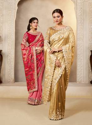 elegant cora zari tissue silk blend saree with zardoshi embroidery blouse 3