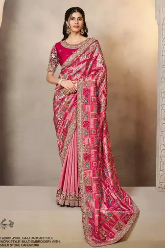 gaji jacquard silk blend saree with multi-stone embroidery + blouse 