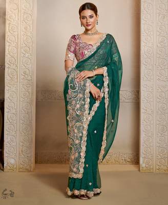 green organza saree with multicolour thread and hand work saree embroidered two ton satin blouse 1