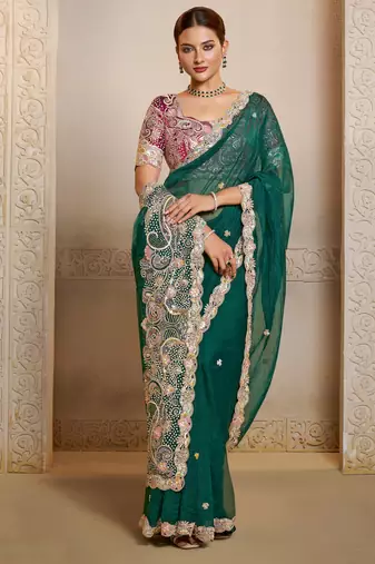 green organza saree with multicolour thread and hand work saree+ heavy embroidered two ton satin blouse