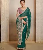 green organza saree with multicolour thread and hand work saree+ heavy embroidered two ton satin blouse