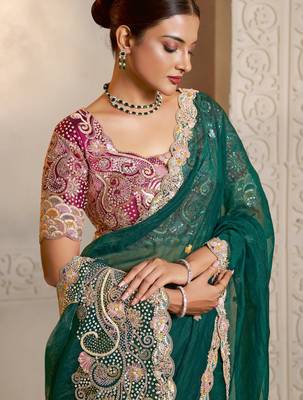 green organza saree with multicolour thread and hand work saree embroidered two ton satin blouse 2