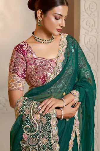 green organza saree with multicolour thread and hand work saree embroidered two ton satin blouse