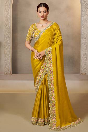 soft satin silk blend saree with sequence & multi stone work + blouse