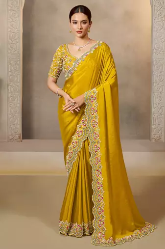 soft satin silk blend saree with sequence & multi stone work + blouse