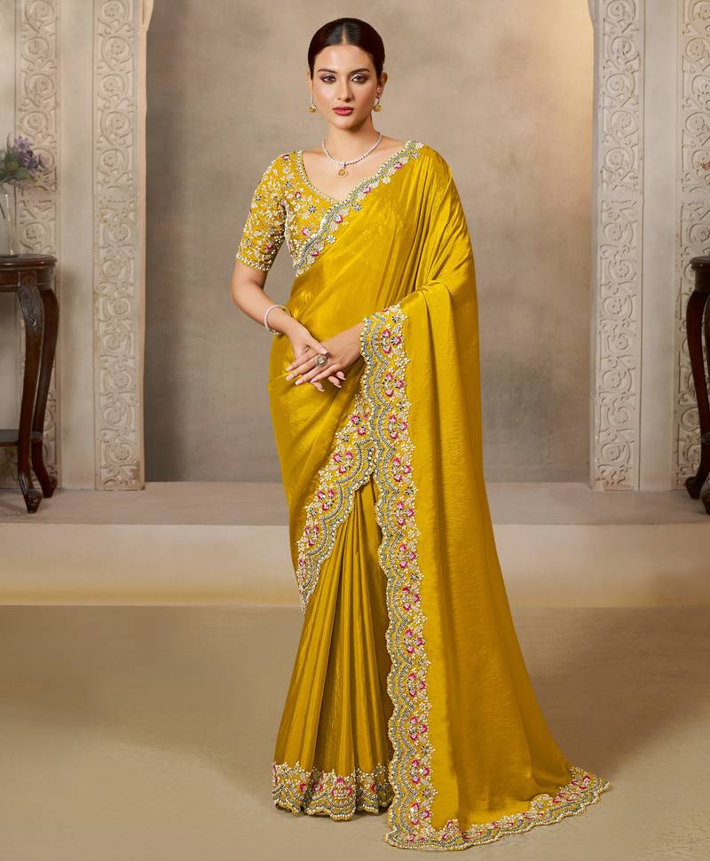 soft satin silk blend saree with sequence & multi stone work + blouse