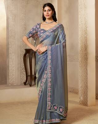 organza satin saree with embroidery pearl & stone blouse 1