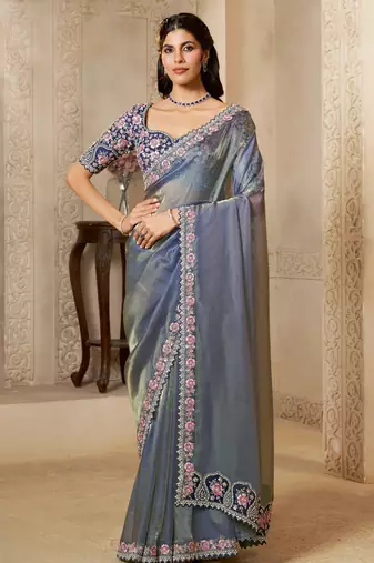 organza satin saree with embroidery, pearl & stone + blouse