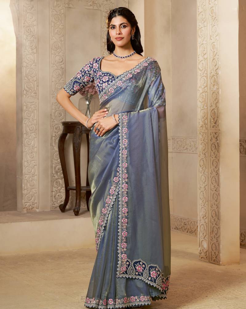 organza satin saree with embroidery, pearl & stone + blouse