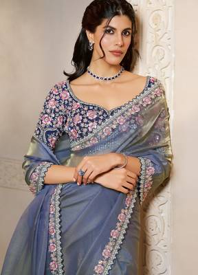 organza satin saree with embroidery pearl & stone blouse 2