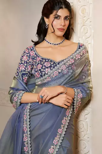 organza satin saree with embroidery pearl & stone blouse