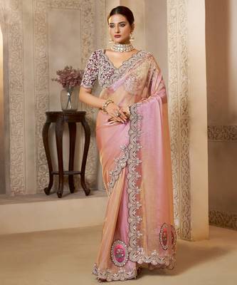 zari organza silk blend saree with sequence embroidery blouse  1
