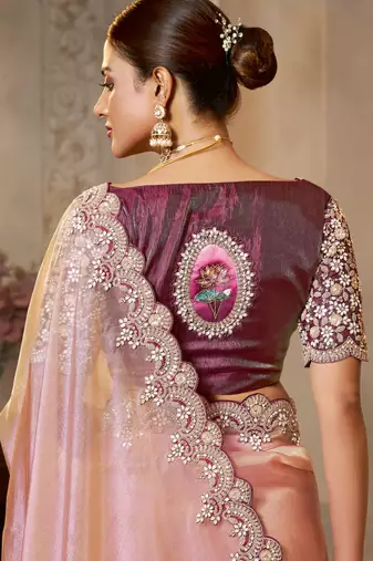 zari organza silk blend saree with sequence embroidery blouse 