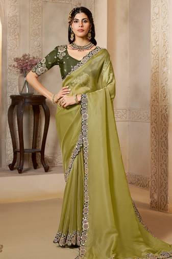 organza satin saree with dual sequence embroidery + blouse