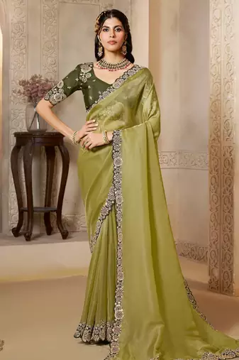 organza satin saree with dual sequence embroidery + blouse