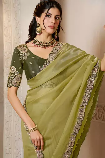 organza satin saree with dual sequence embroidery blouse