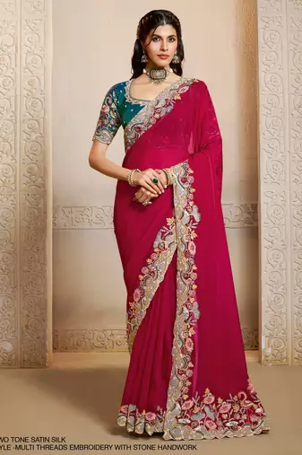 two tone satin silk blend saree with multi threads & stone embroidery + blouse