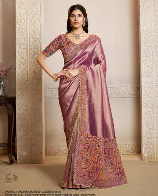 kanjivaram self jacquard silk blend saree with position print & embroidery blouse 1