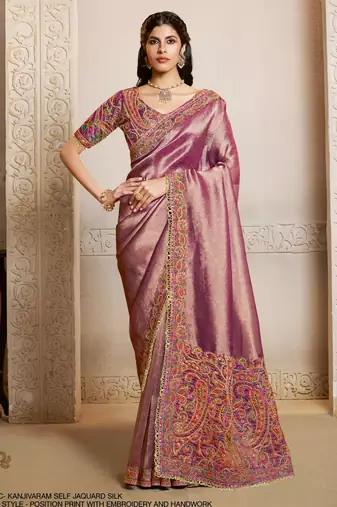 kanjivaram self jacquard silk blend saree with position print & embroidery + blouse
