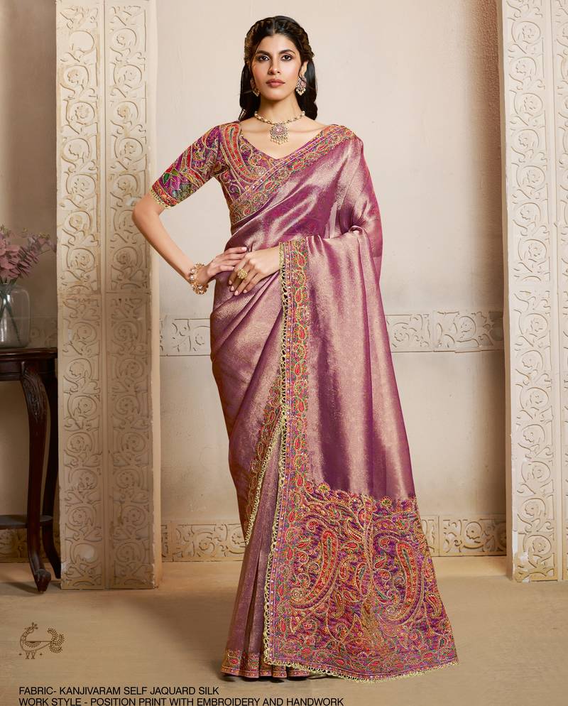 kanjivaram self jacquard silk blend saree with position print & embroidery + blouse