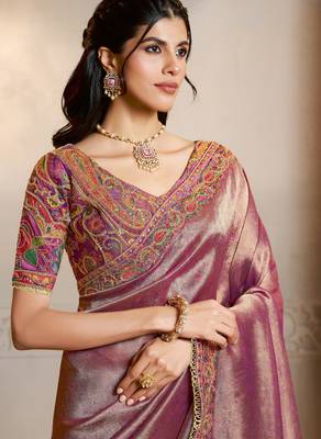 kanjivaram self jacquard silk blend saree with position print & embroidery blouse 2
