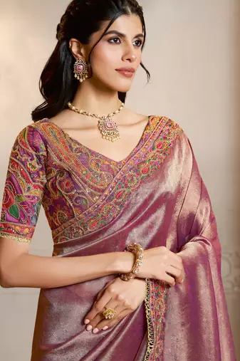 kanjivaram self jacquard silk blend saree with position print & embroidery blouse