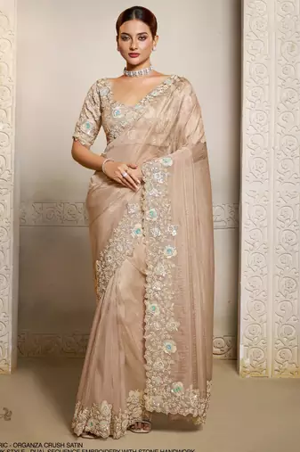 organza crush satin saree with tissue work embroidery + blouse