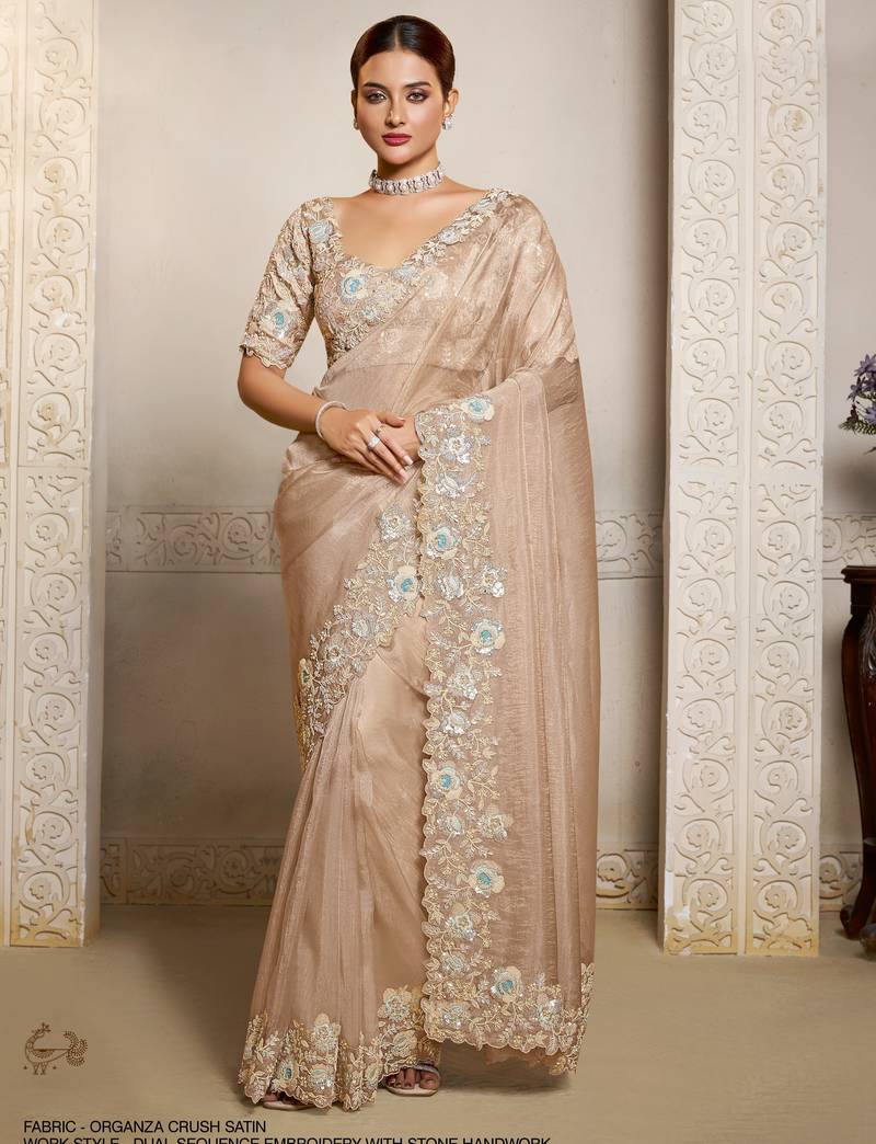 organza crush satin saree with tissue work embroidery + blouse