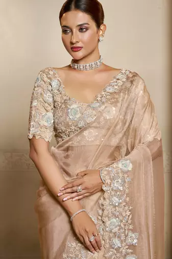 organza crush satin saree with tissue work embroidery blouse