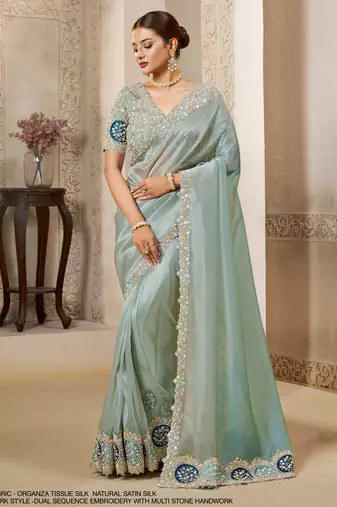 organza tissue silk blend saree with dual sequence embroidery + blouse