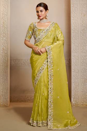 organza satin saree with multi thread embroidery & stone work + blouse
