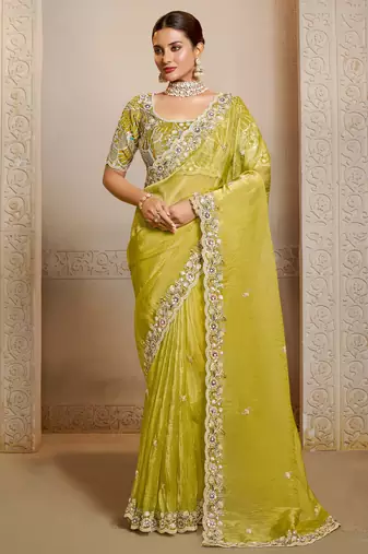 organza satin saree with multi thread embroidery & stone work + blouse