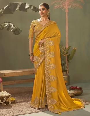 mustard premium bamber silk blend embroidered saree and gota patti work with blouse 1