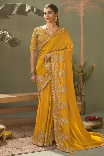 mustard premium bamber silk blend embroidered saree  and gota patti work with blouse