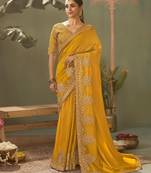 mustard premium bamber silk blend embroidered saree and gota patti work with blouse