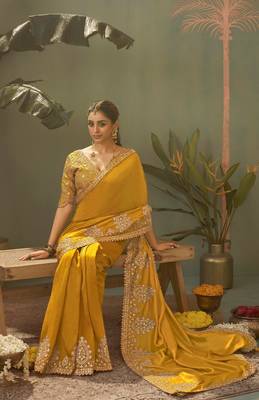 mustard premium bamber silk blend embroidered saree and gota patti work with blouse 2