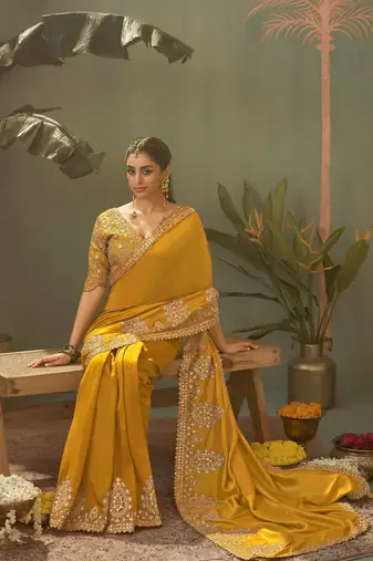 mustard premium bamber silk blend embroidered saree and gota patti work with blouse
