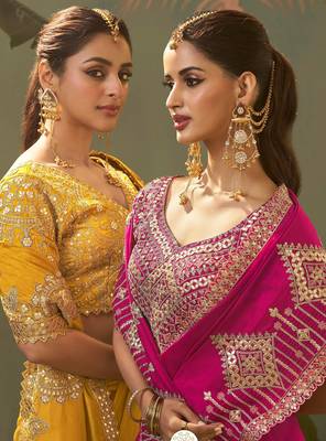 mustard premium bamber silk blend embroidered saree and gota patti work with blouse 3