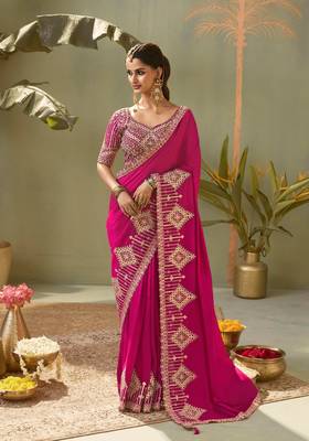 pink premium bamber silk blend embroidered saree and gota patti work with blouse 1